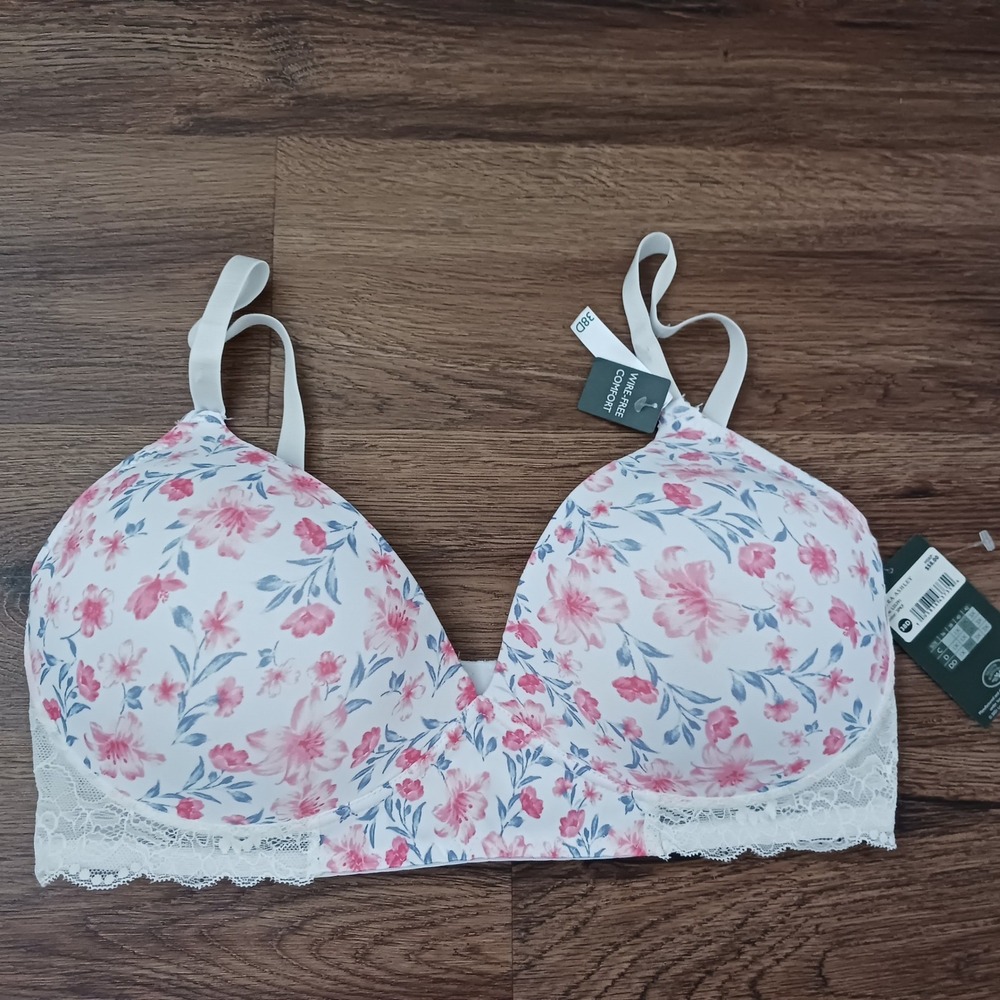 Laura Ashley Wire Free Comfort Bra 38D Floral Lace White Pink 5391-16 NWT
